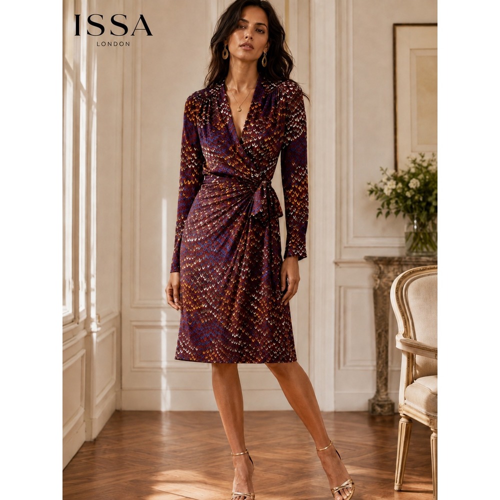 Issa London Silk Wrap Dress 10 Boho Luxe Jewel Tone Art Print Y2K